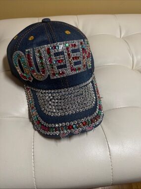 Embellished Denim Baseball Cap with Multicolor Rhinestones